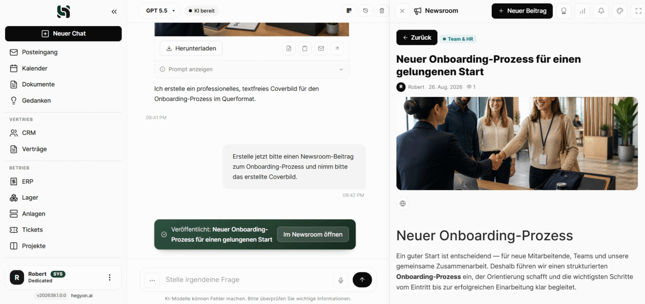 The Hegyon Newsroom at a glance: create a post, publish it, collect read confirmations and evaluate reach